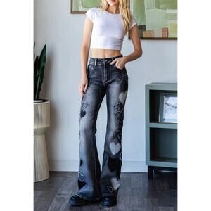 OH JEANS Women's Black Washed Denim Heart Stud Flare Leg Jeans Sz M Boho Western